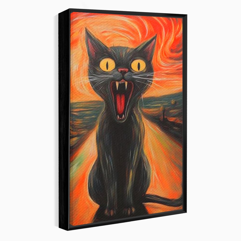 Tablou canvas cu tablou canvas cu pisica neagra care urla, in rama de aluminiu negru